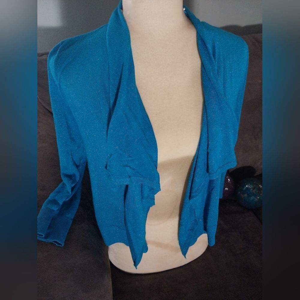 INC International Concepts Turquoise PETITE Cardigan with Sparkle & Lapels.